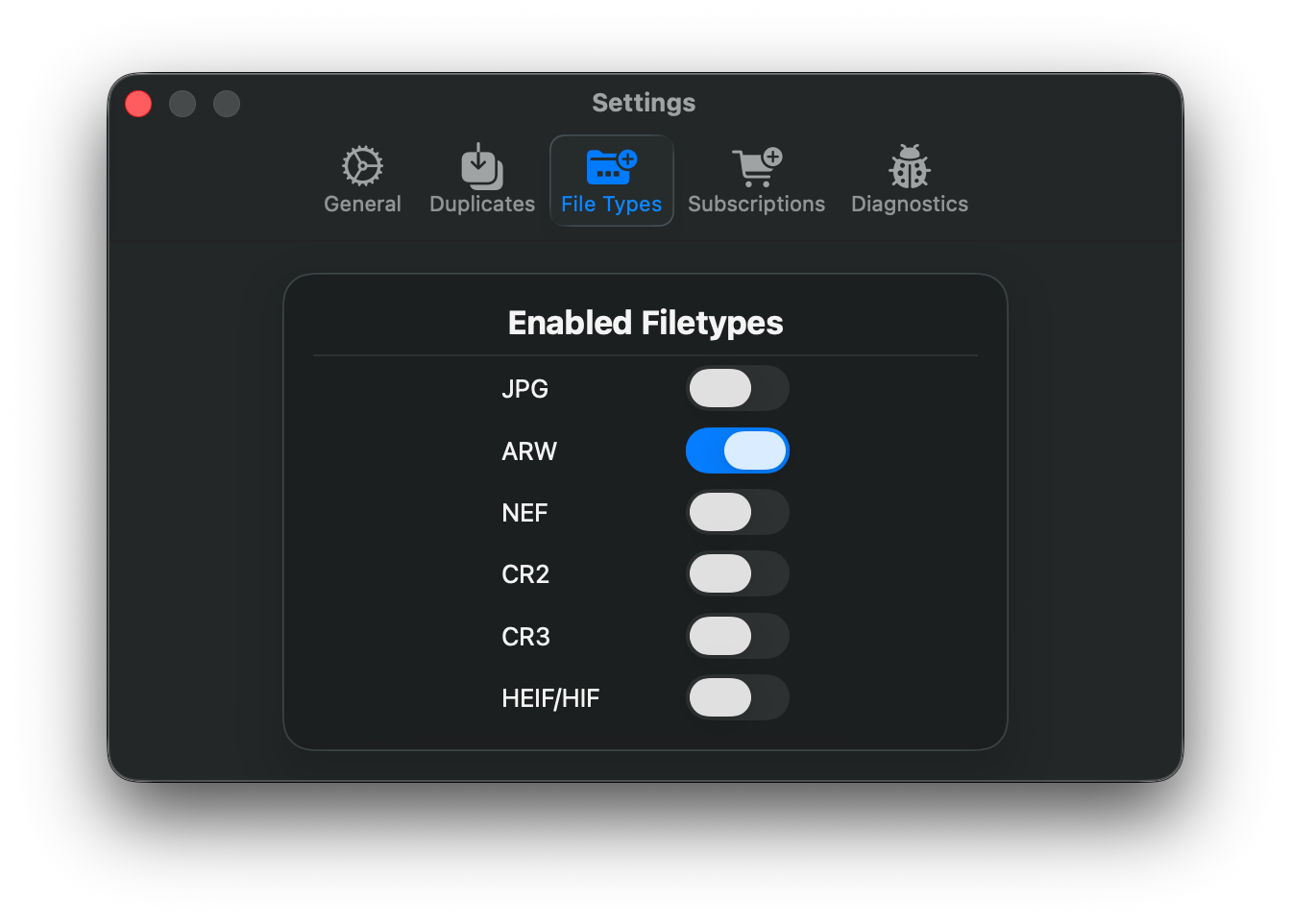 CardReader file types settings