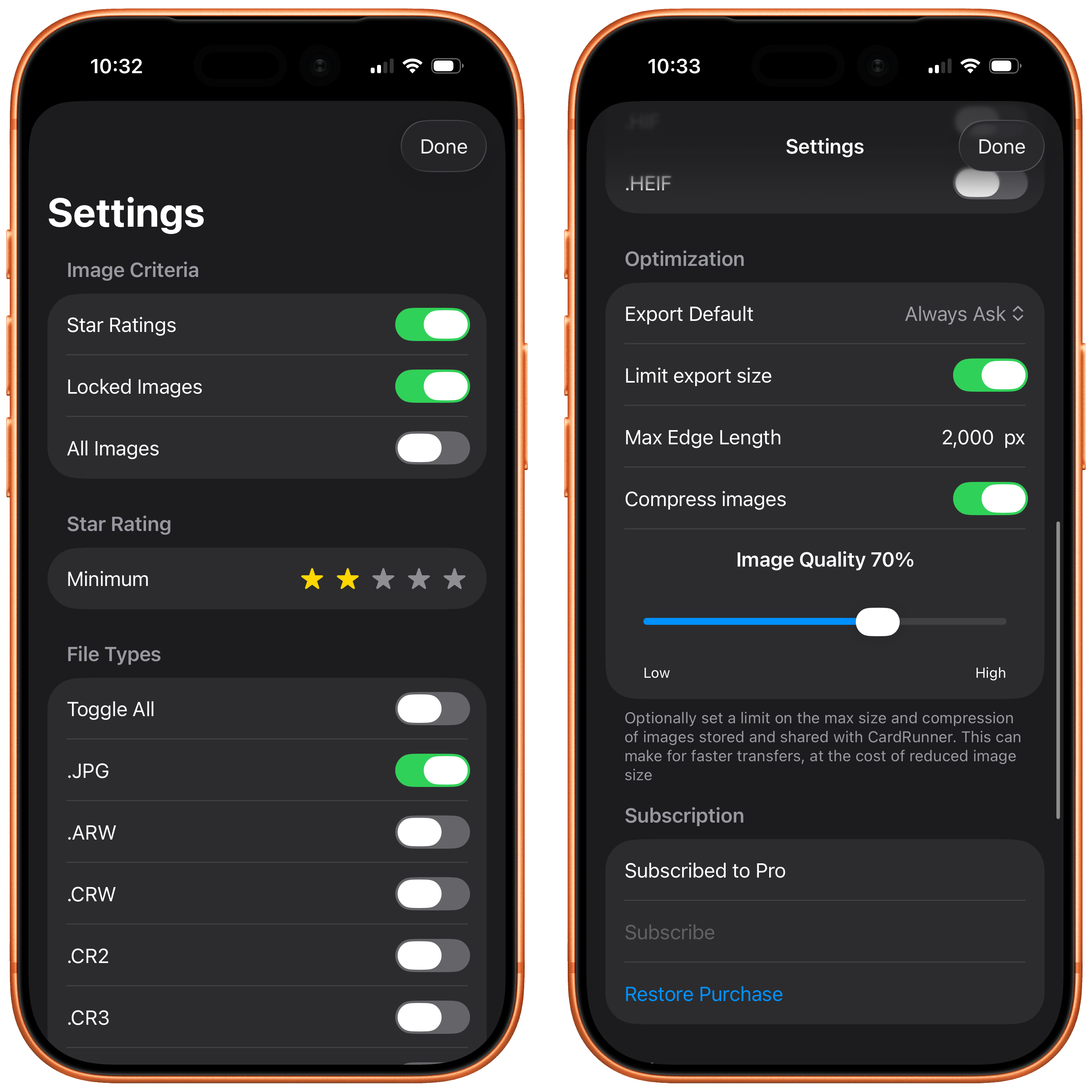 CardRunner settings and export