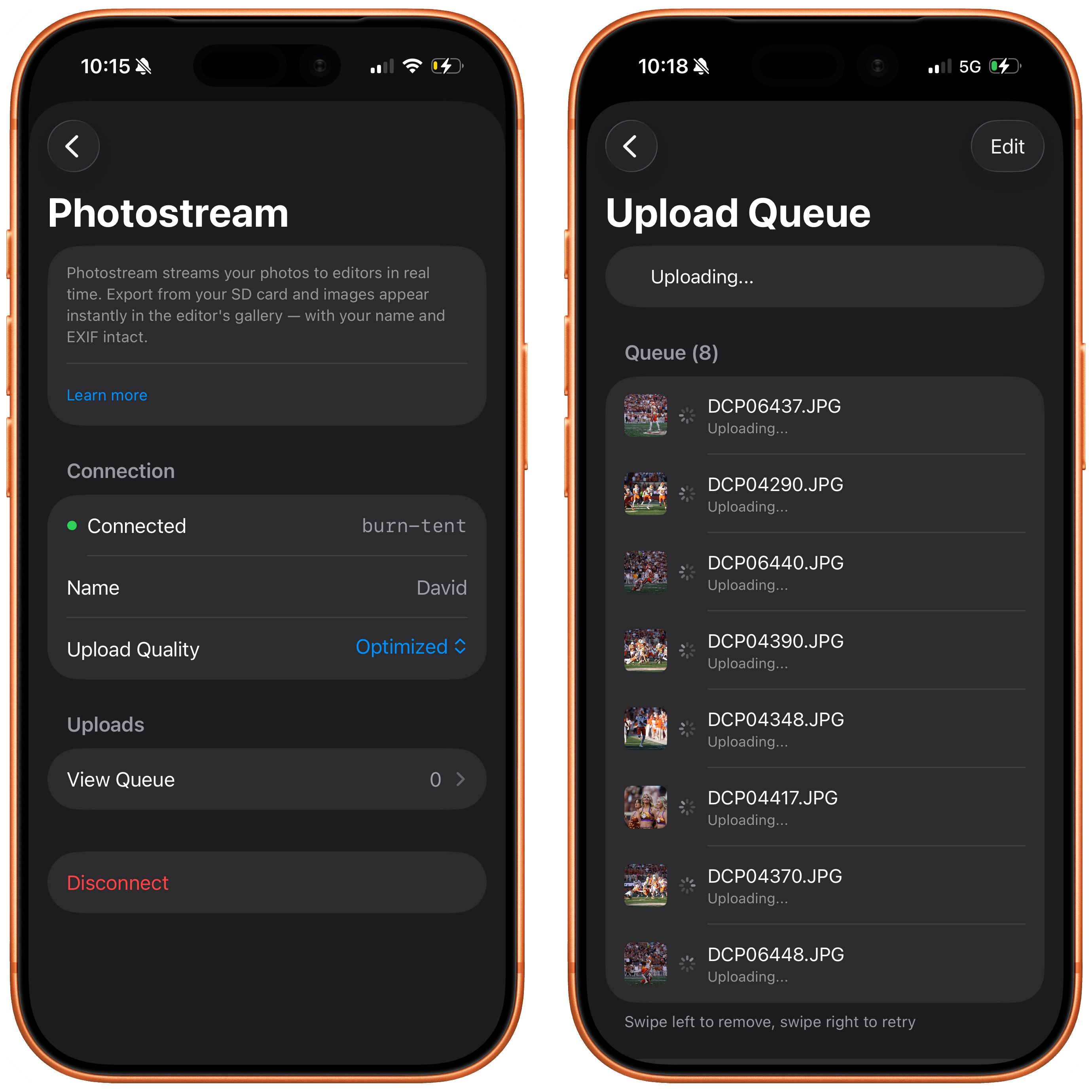 CardRunner Photostream settings and upload queue